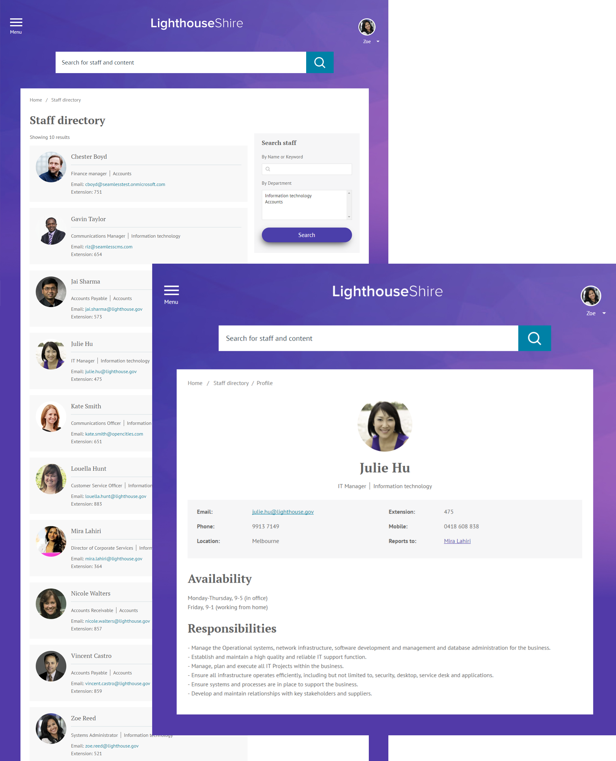 collage of a staff directory listing and staff profile