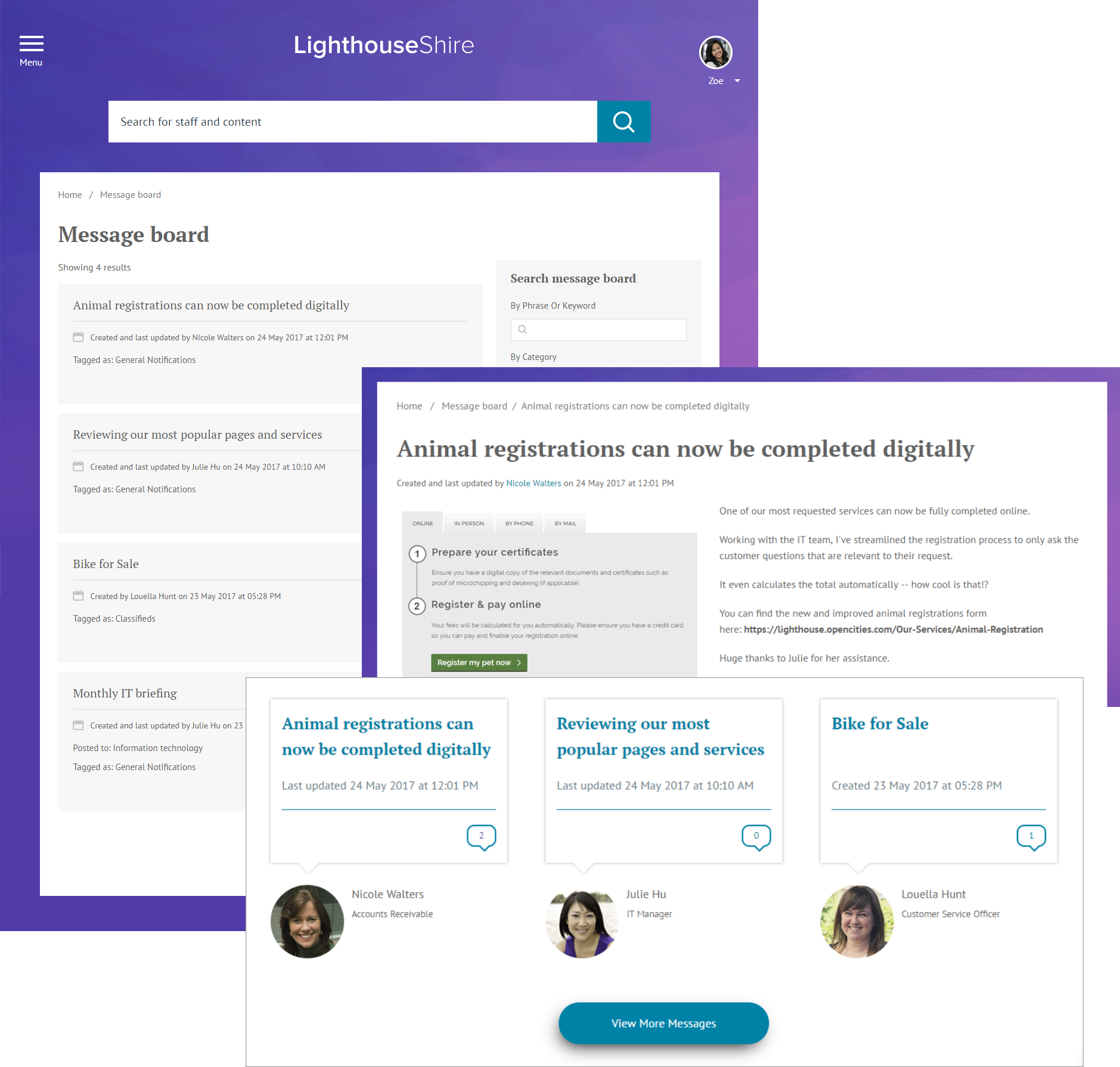 collage of a message board listing and message