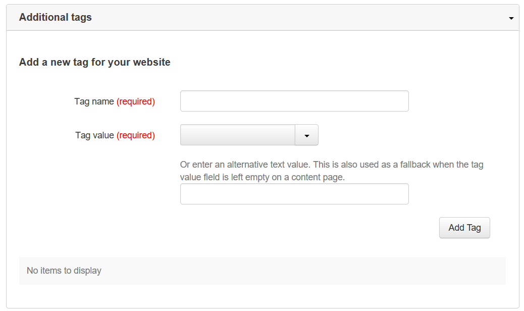 the add tags menu options in site management
