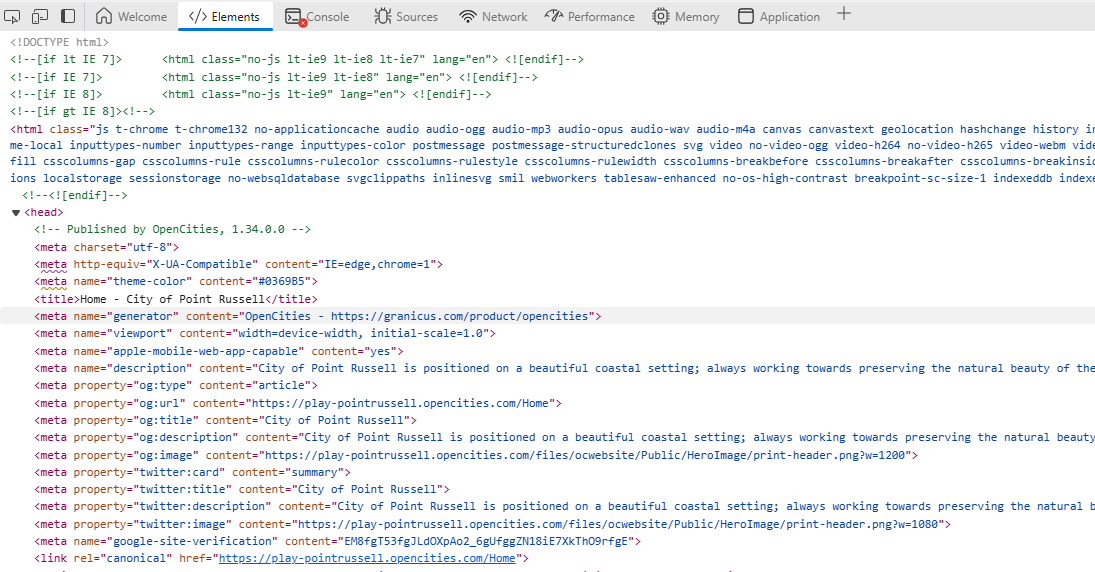 the HTML of a site page showing the HTML tag for site verification