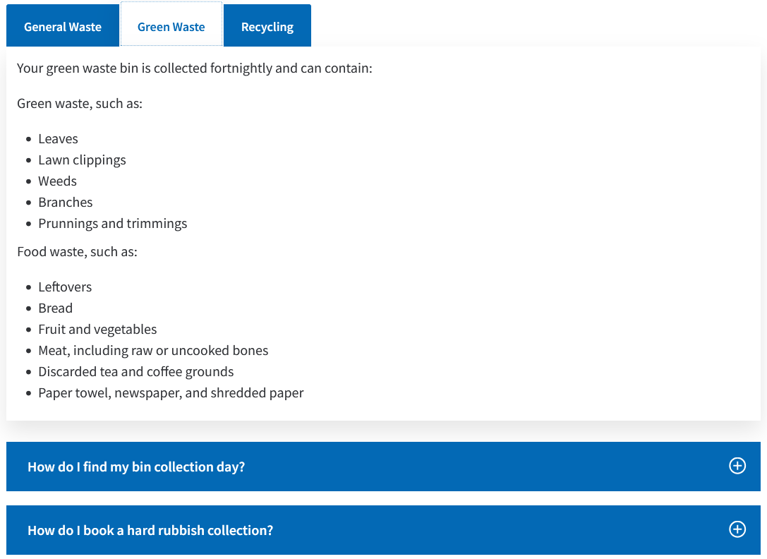 tabs and accordions example on a bins page