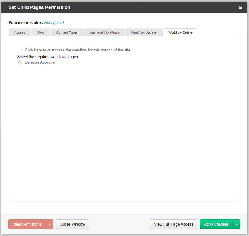 the workflow delete tab in page permissions
