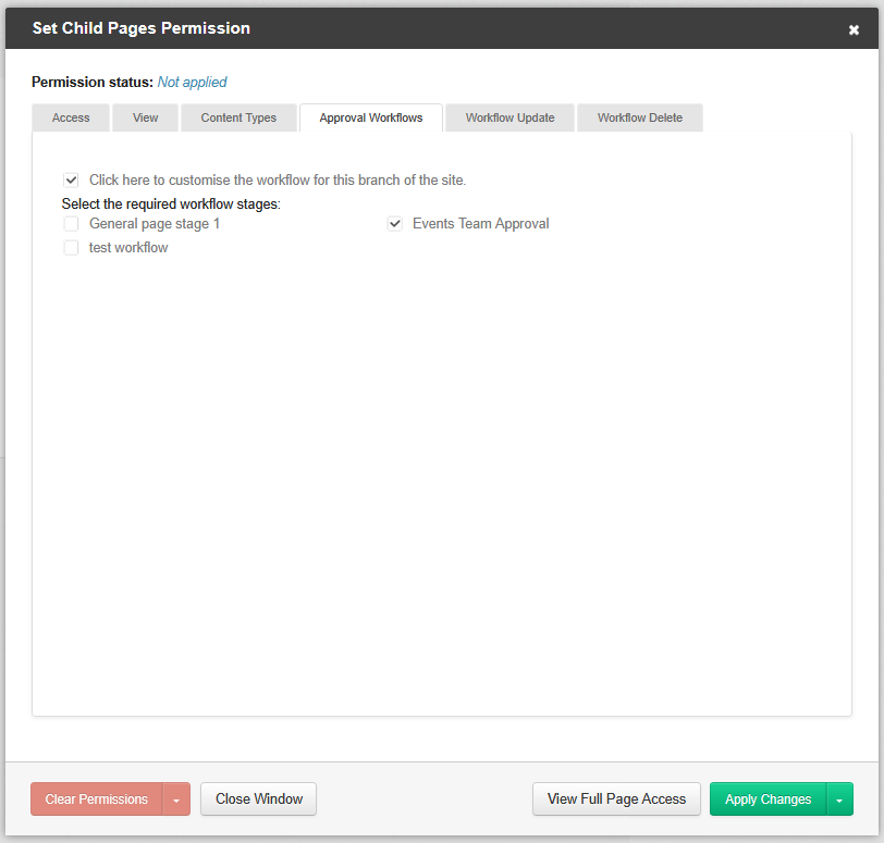 the approval workflows tab in page permissions