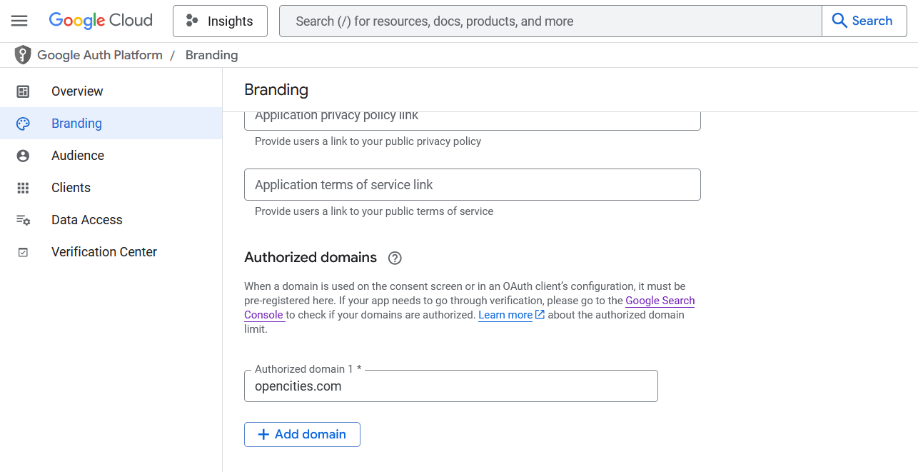 the authorized domains are in the branding section of google auth platform