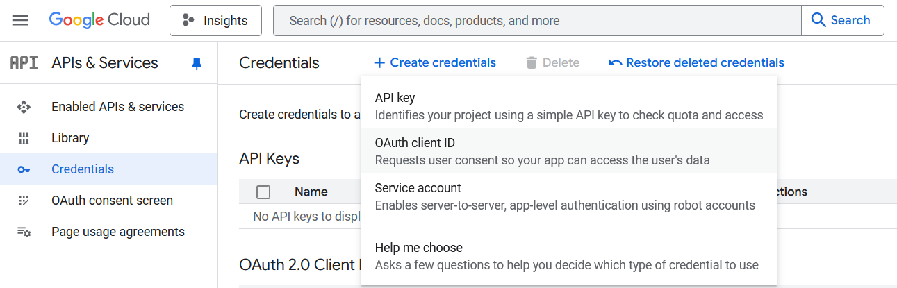 the create credentials option is in the APIs and services section of Google cloud