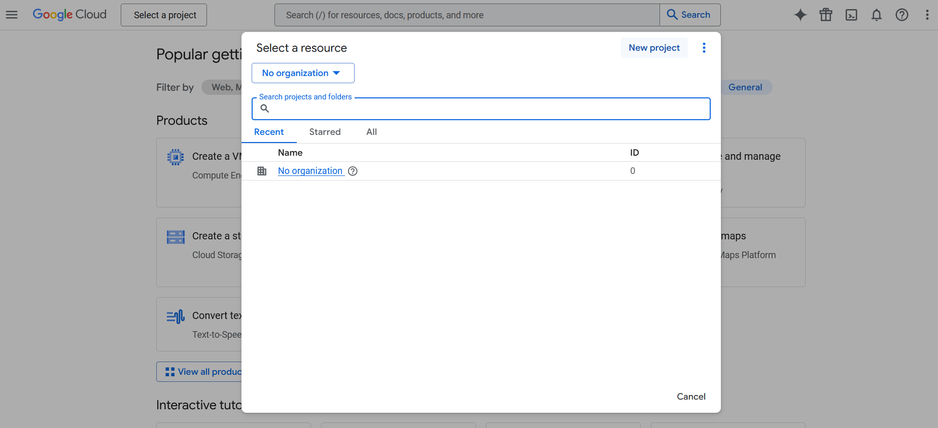 the select a project menu includes the project list and new project button