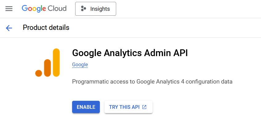 the google analytics admin API option in the API library with the enable button