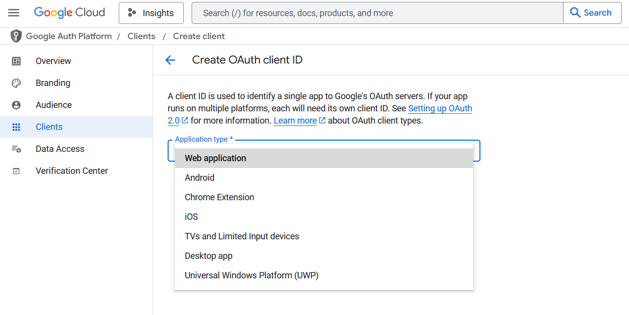 Use the application type dropdown menu to select web application