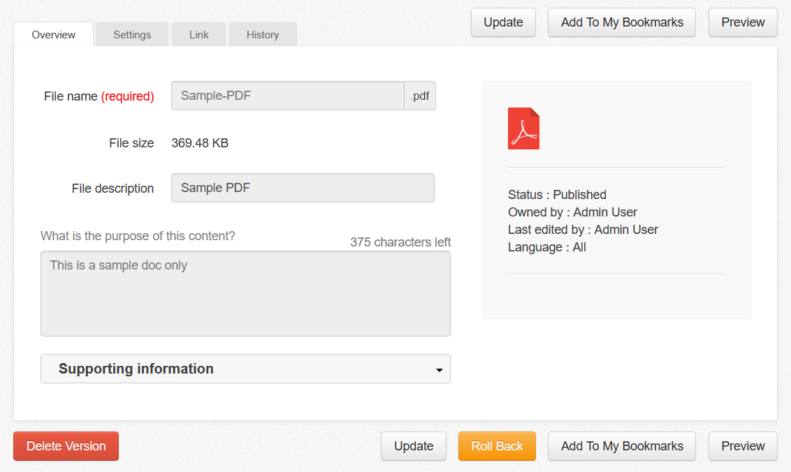 the overview tab of a sample PDF document