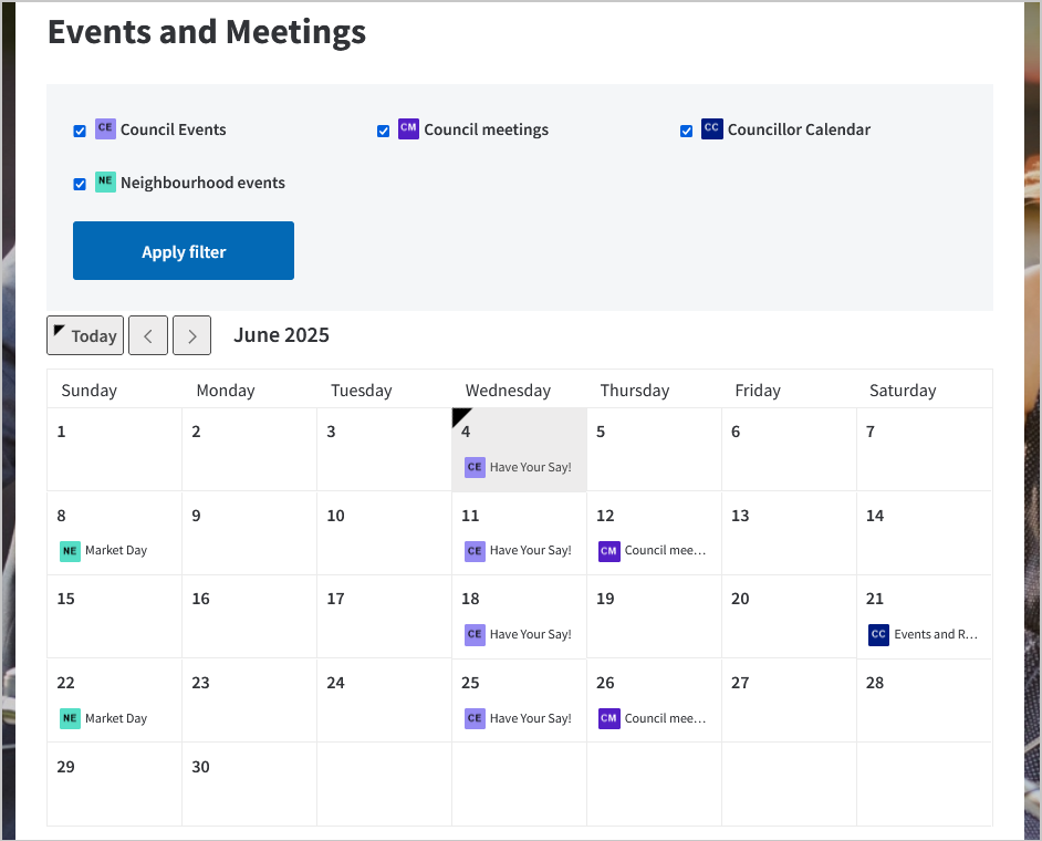 events and meetings calendar