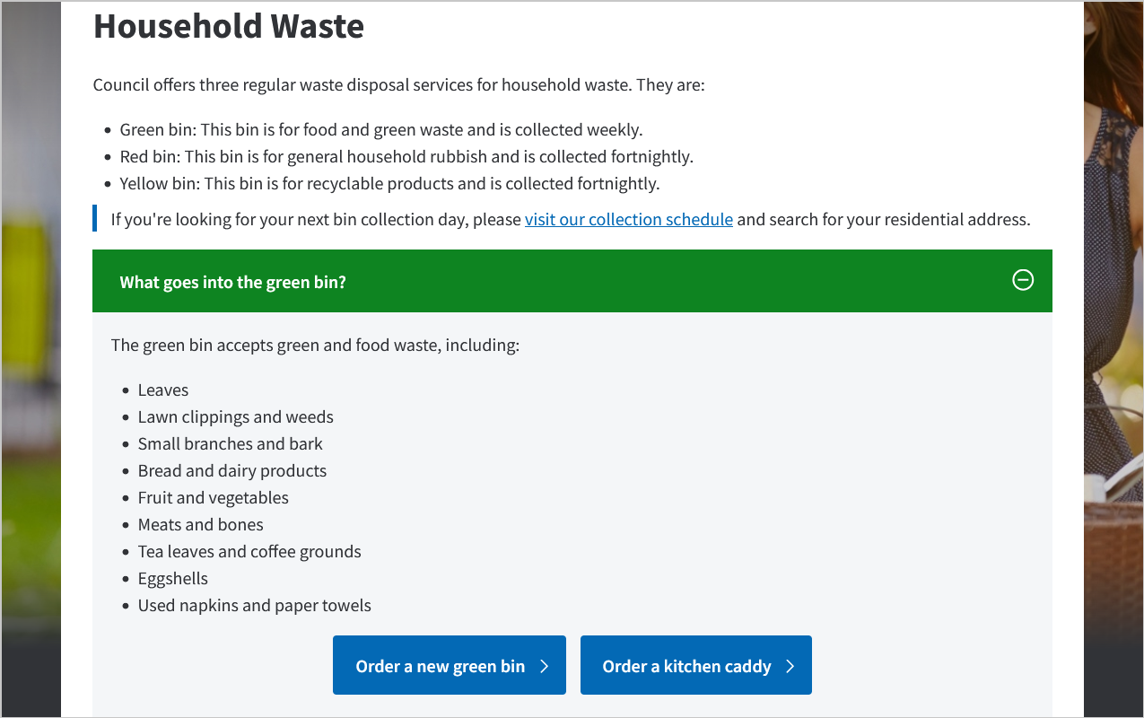 an accordion listing the acceptable contents of a green waste bin