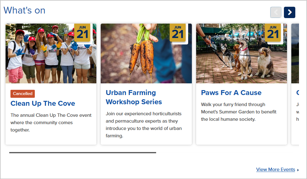 homepage events list with a carousel layout