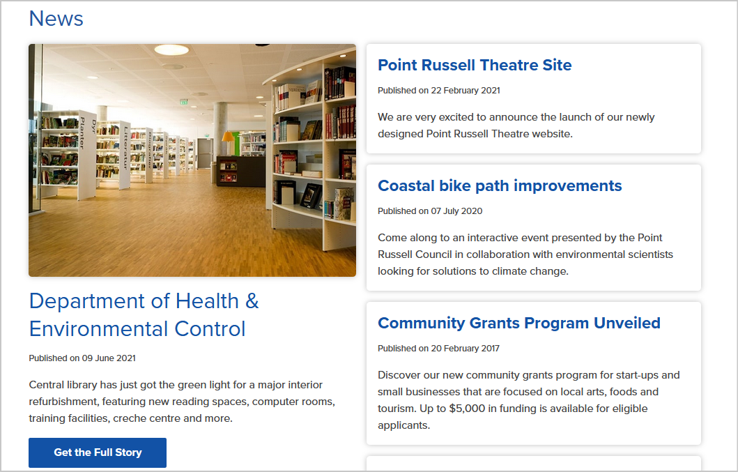 homepage news list with a feature article and image layout