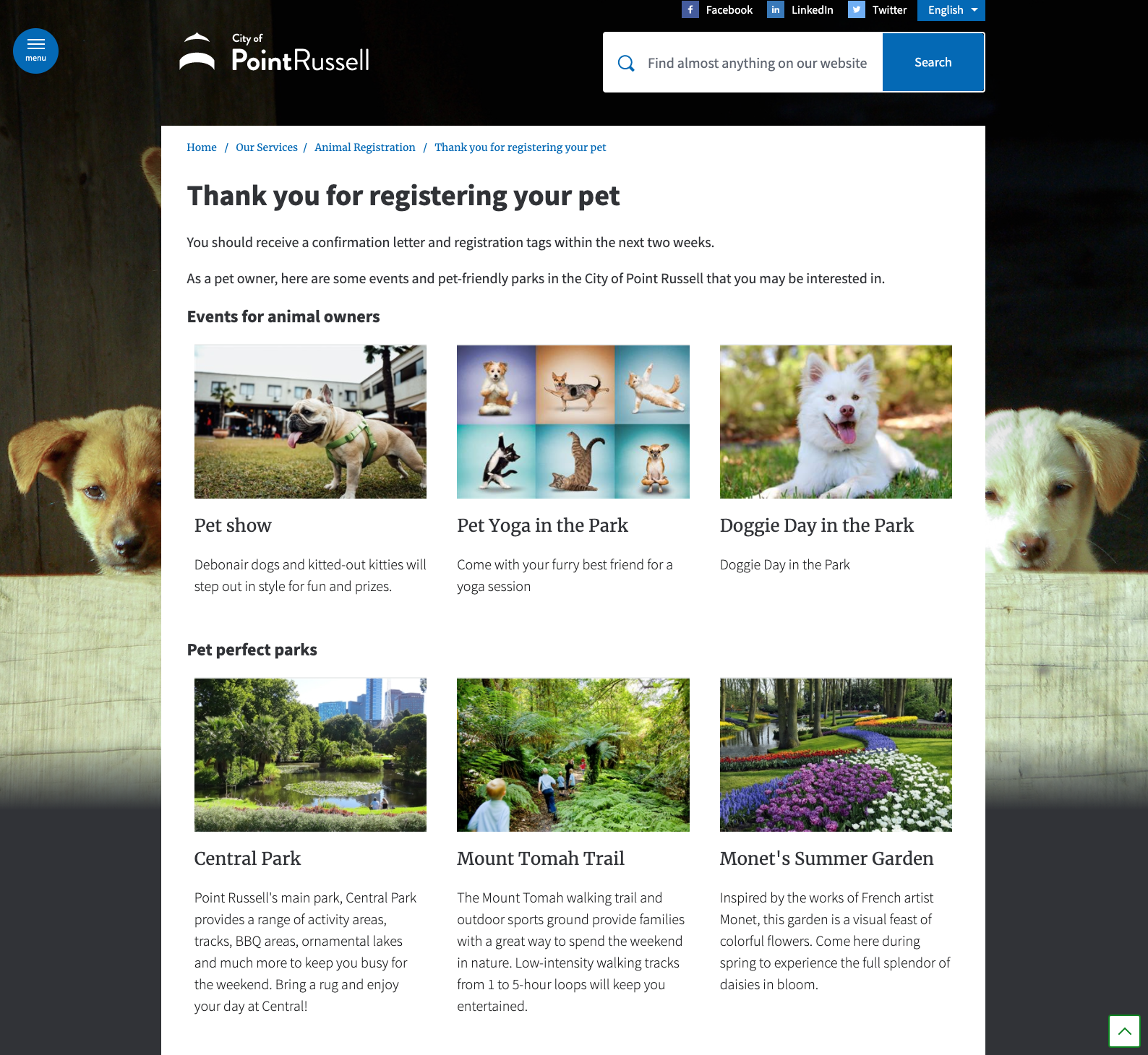 content list to navigate to related pages after registering a pet