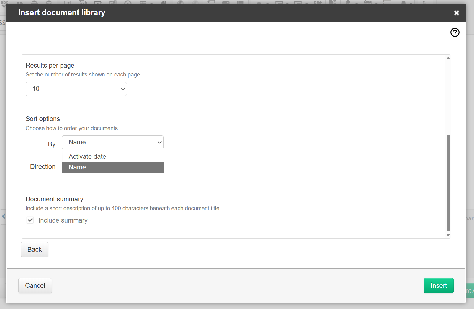 sort options and document summary checkbox