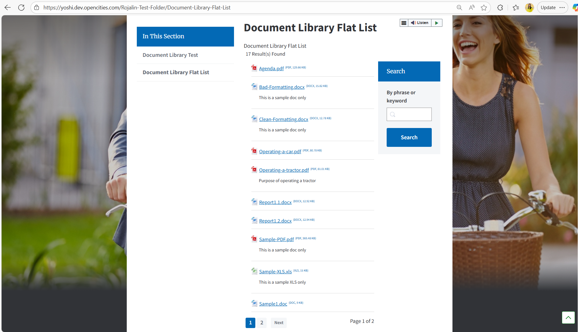 example of a flat list document library on a page