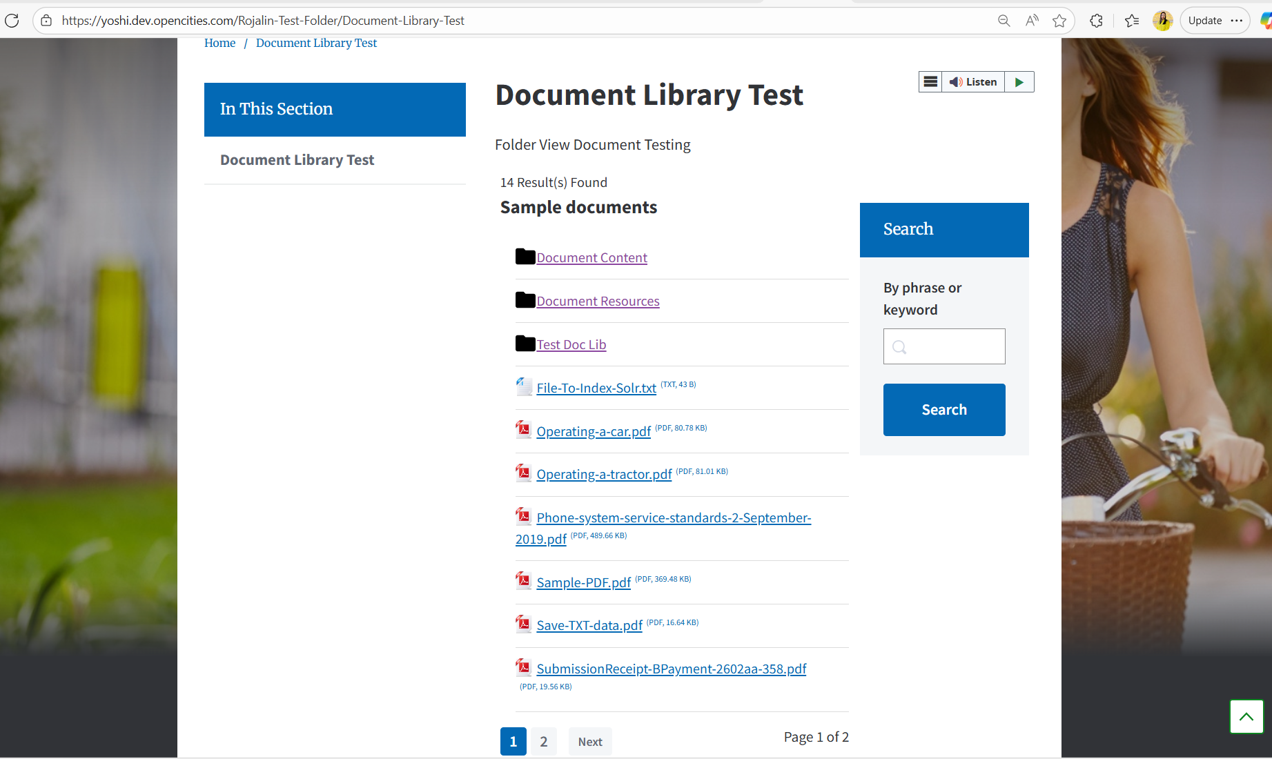 the folder view for document libraries on the page
