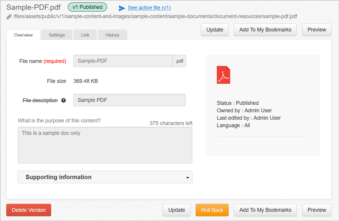 The overview tab on a sample PDF file