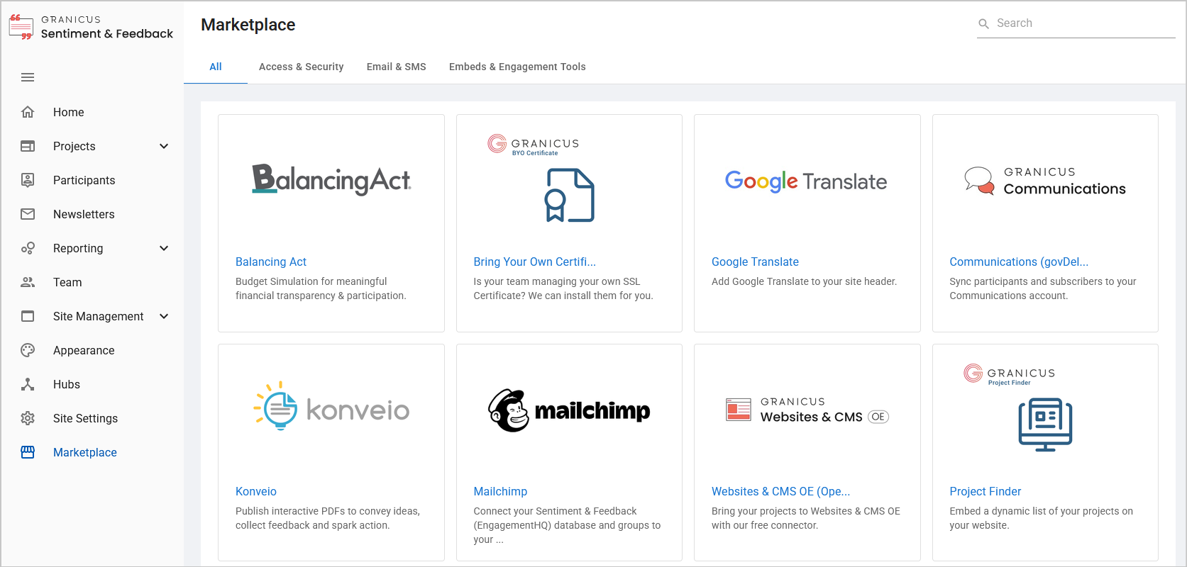 marketplace in Engagement HQ showing the websites and CMS tile