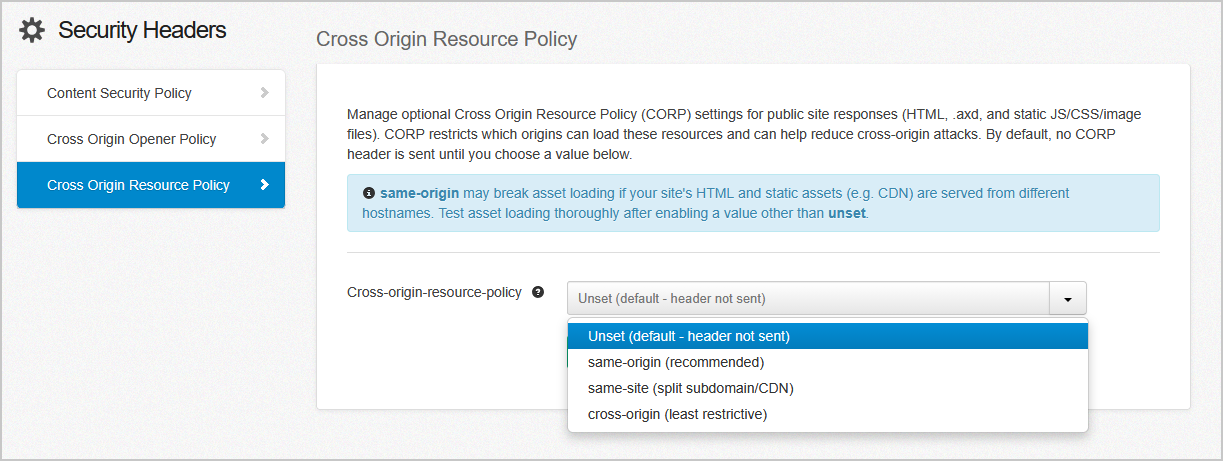 cross origin resource policy selection menu with the options showing