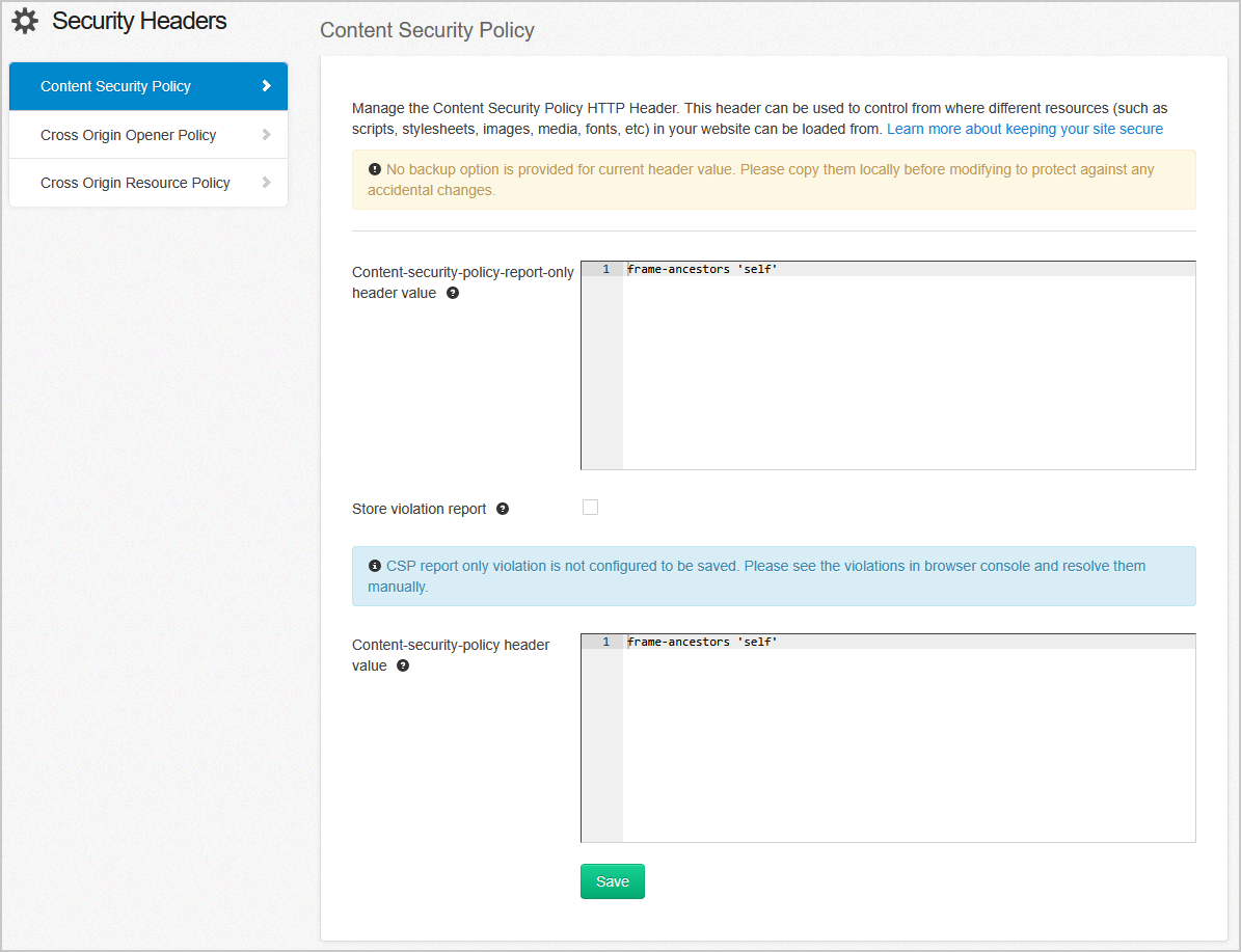 Manage security headers screen with the content security policy section selected