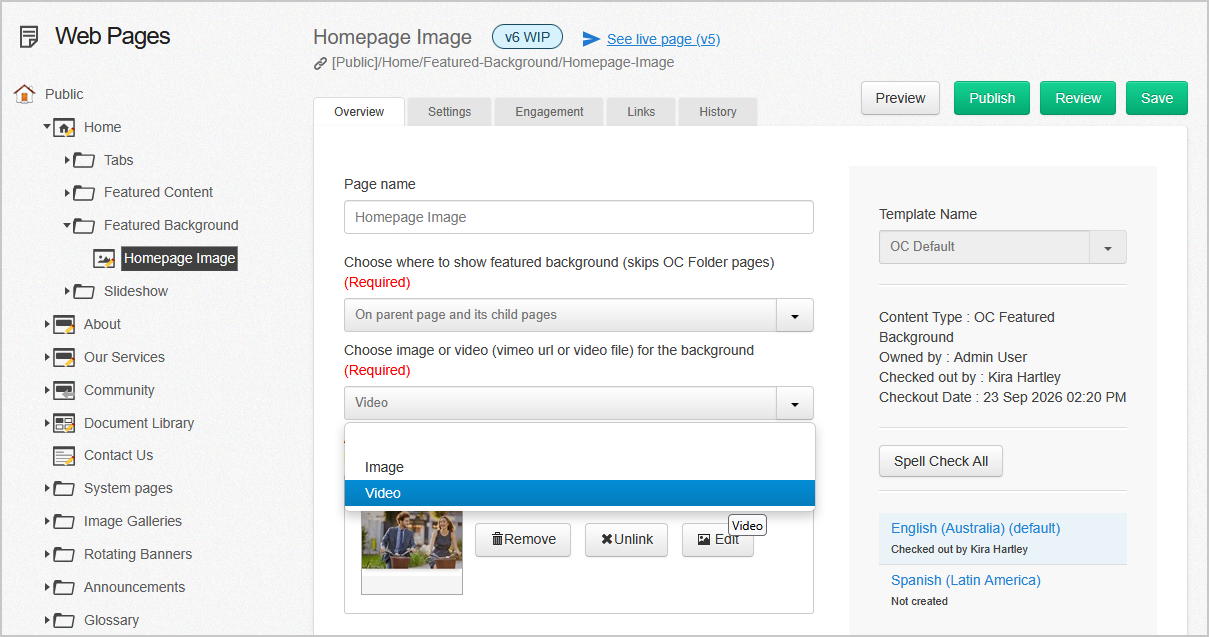 The choose image or video field with the drop-down menu expanded