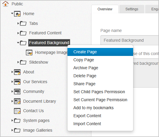 create page option in the right-click menu for the featured background folder