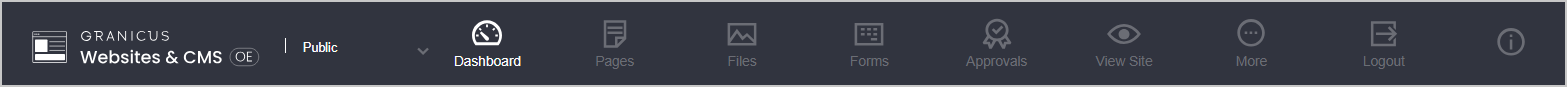 The main menu of the CMS admin screen runs across the top