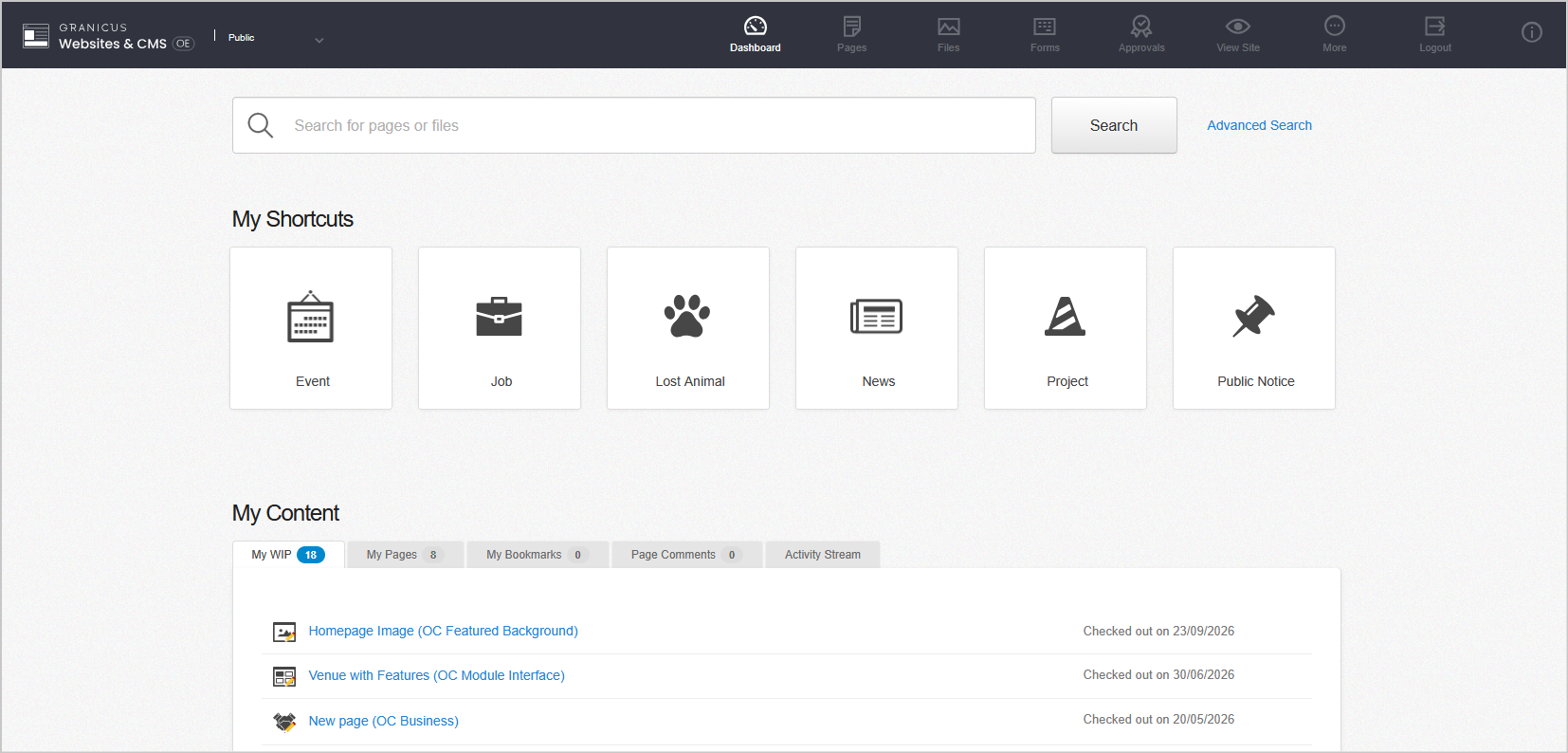 Example of a dashboard screen of a CMS admin