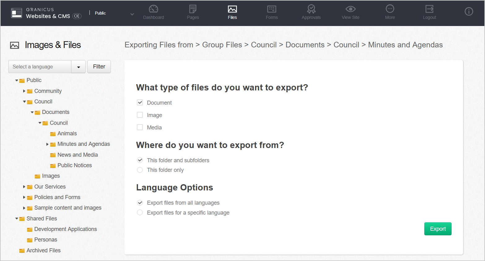The export files configuration options