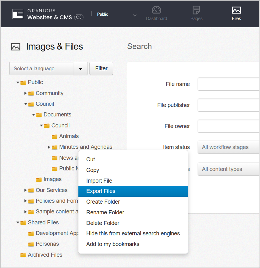 the export files option in the menu