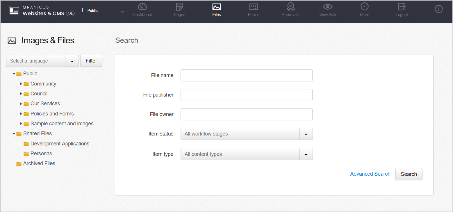 The Files library home page has an exandable files tree on the left hand side, search fields in the middle and the Advanced search and Search button in the bottom right corner