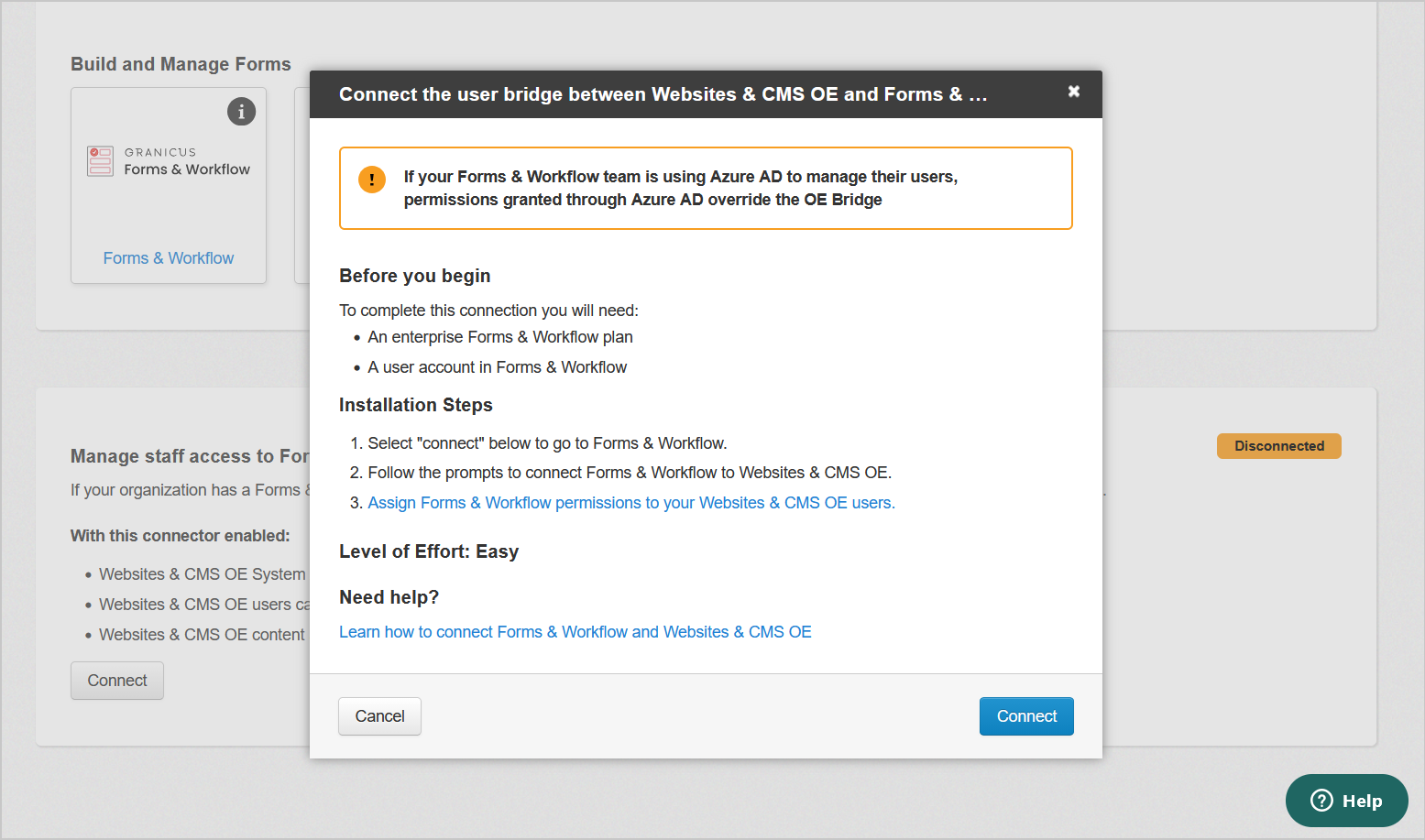 the connection dialog box between CMS OE and Forms and Workflow