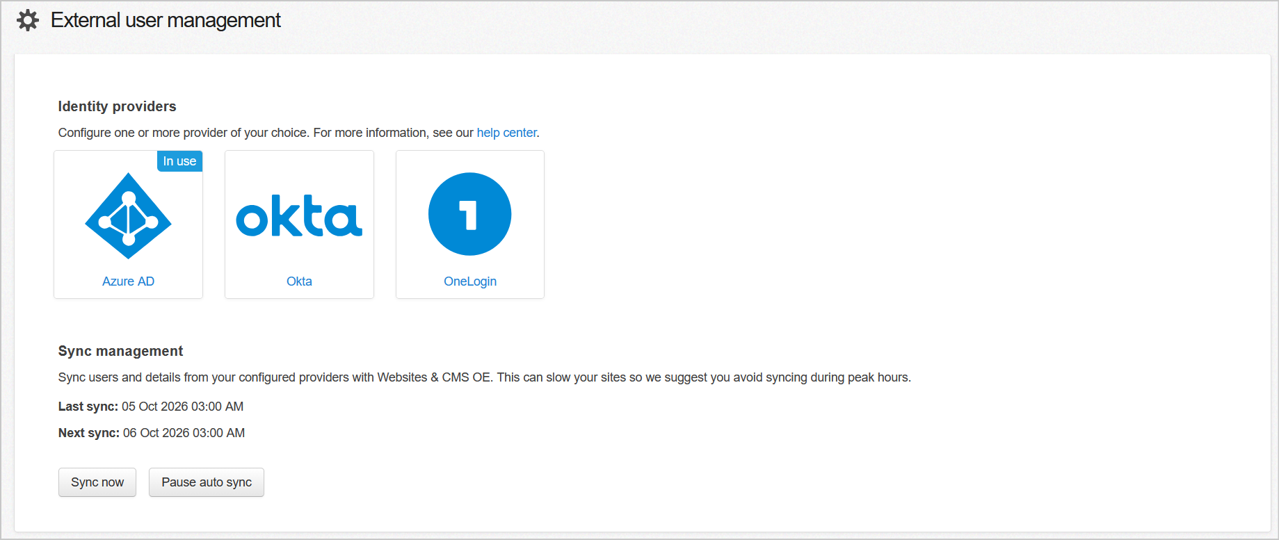 The identity providers options include a sync schedule