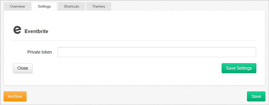 The private token field in the Eventbrite settings