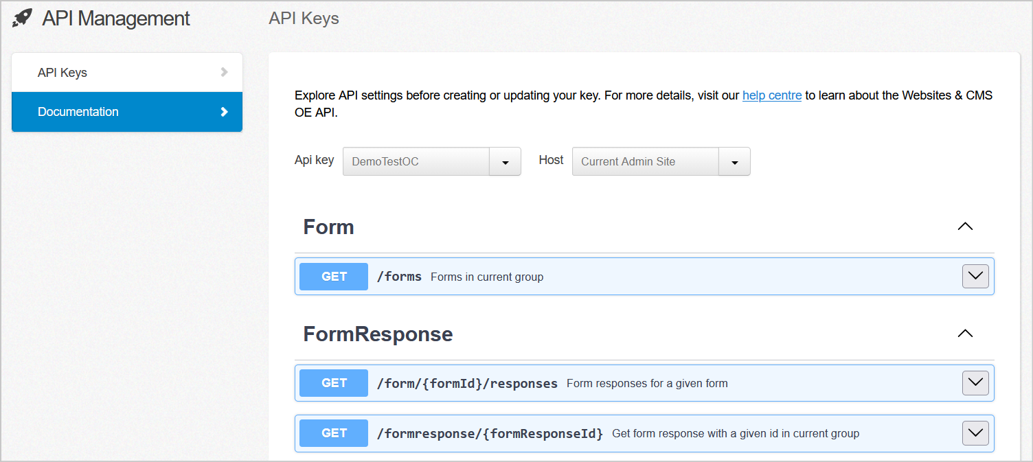 Test API keys in the documentation section