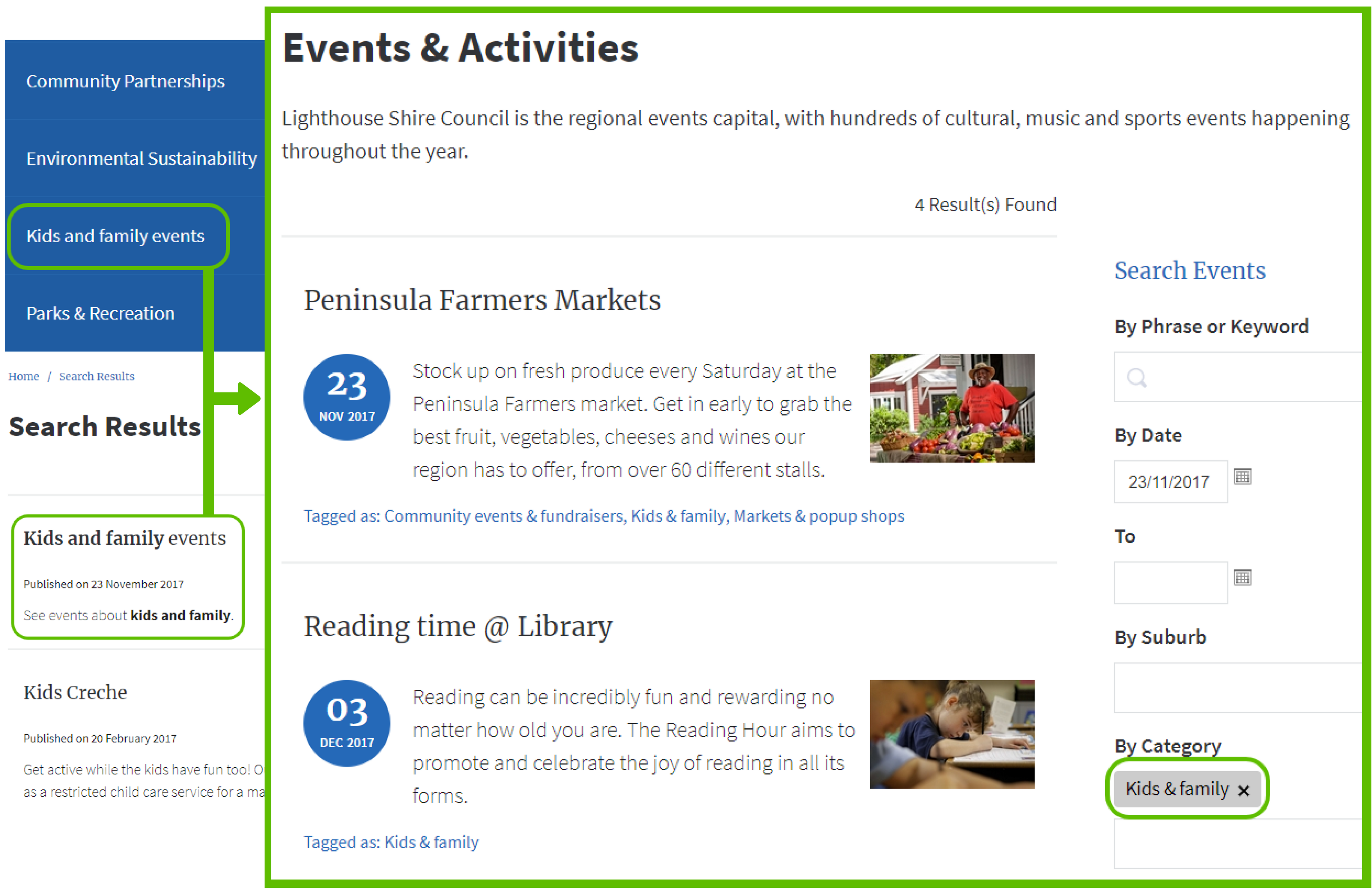 a diagram of a menu redirect link that goes to a filtered event listing page