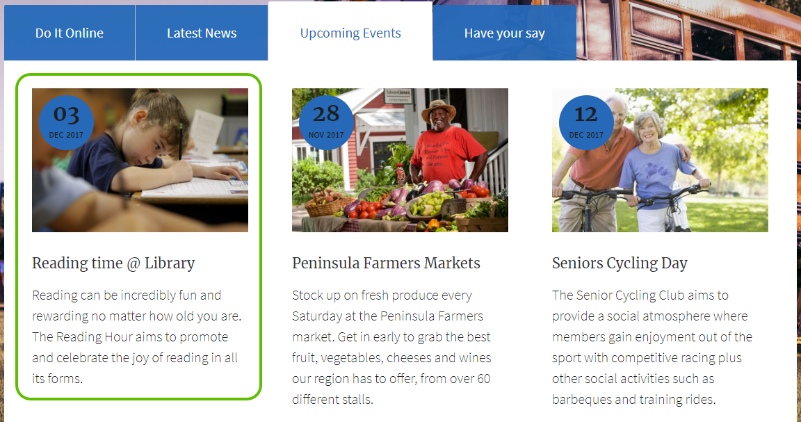 a pinned event on the homepage