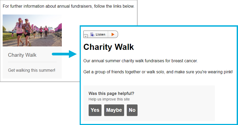 An example showing an event listed on a landing page, including a thumbnail image. When you click on this event, it opens a detail page that doesn’t include the image.