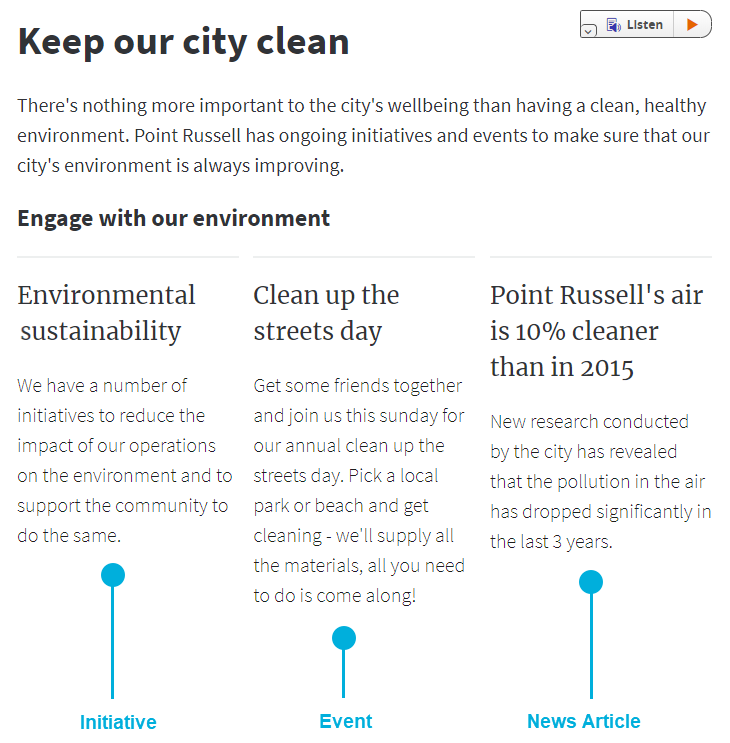 An example grid content list on a live site. It lists three pieces of content related to keeping the city clean. One is an ‘Environmental sustainability’ initiative, one is an event for ‘Clean up the streets day’, and one is a news article called ‘Point Russell’s air is 10% cleaner than in 2015’. The content list includes their titles and short descriptions.