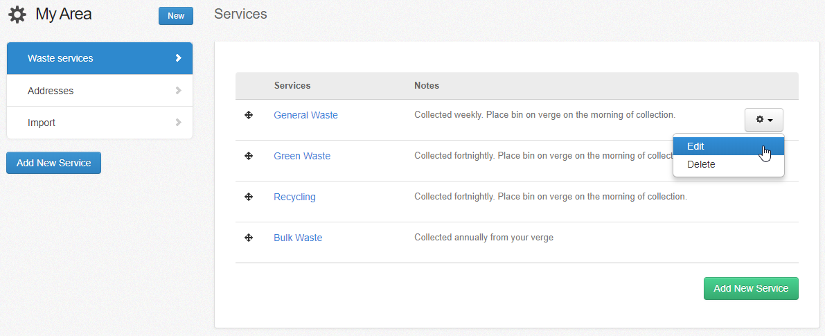 the my area admin screen