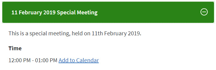 A meeting for 11 February 2019. The Add to Calendar link is next to the meeting time.