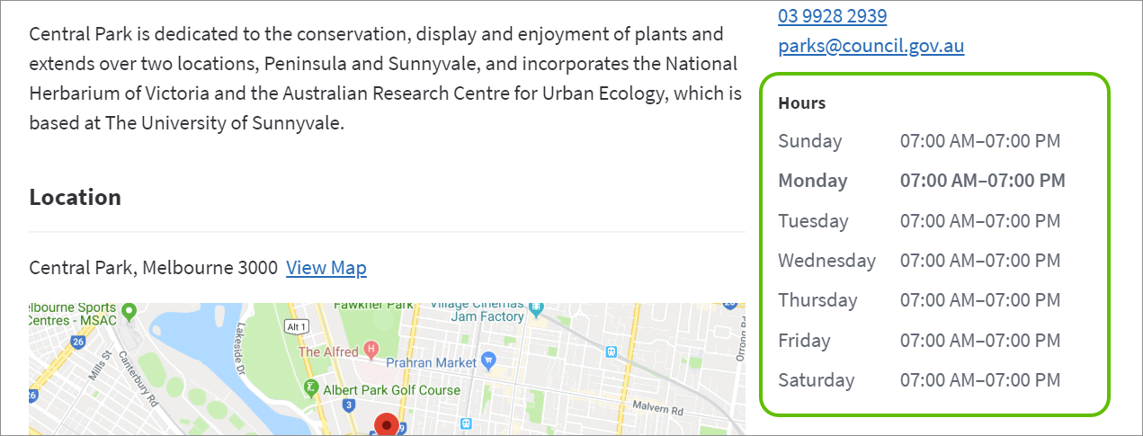a park page with opening hours highlighted