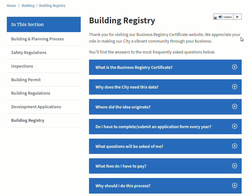 an accordion on a building and registry page