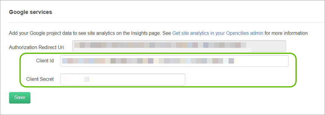 the Google services client ID and client services fields in the open cities admin