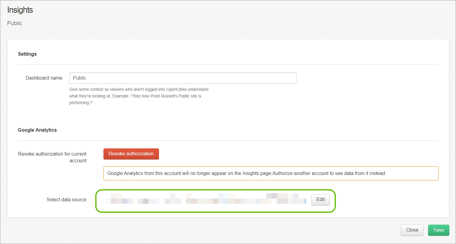 The insights dashboard settings, including the select data source dropdown menu