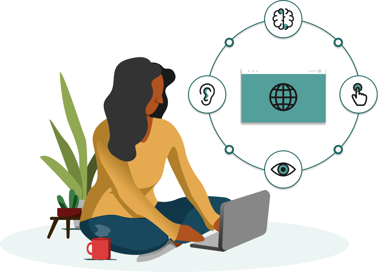 illustration of a woman working on a laptop with accessibility icons