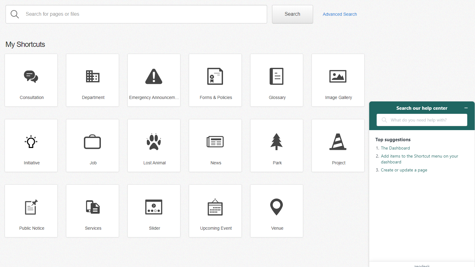 the open cities dashboard has the help widget in the bottom right corner