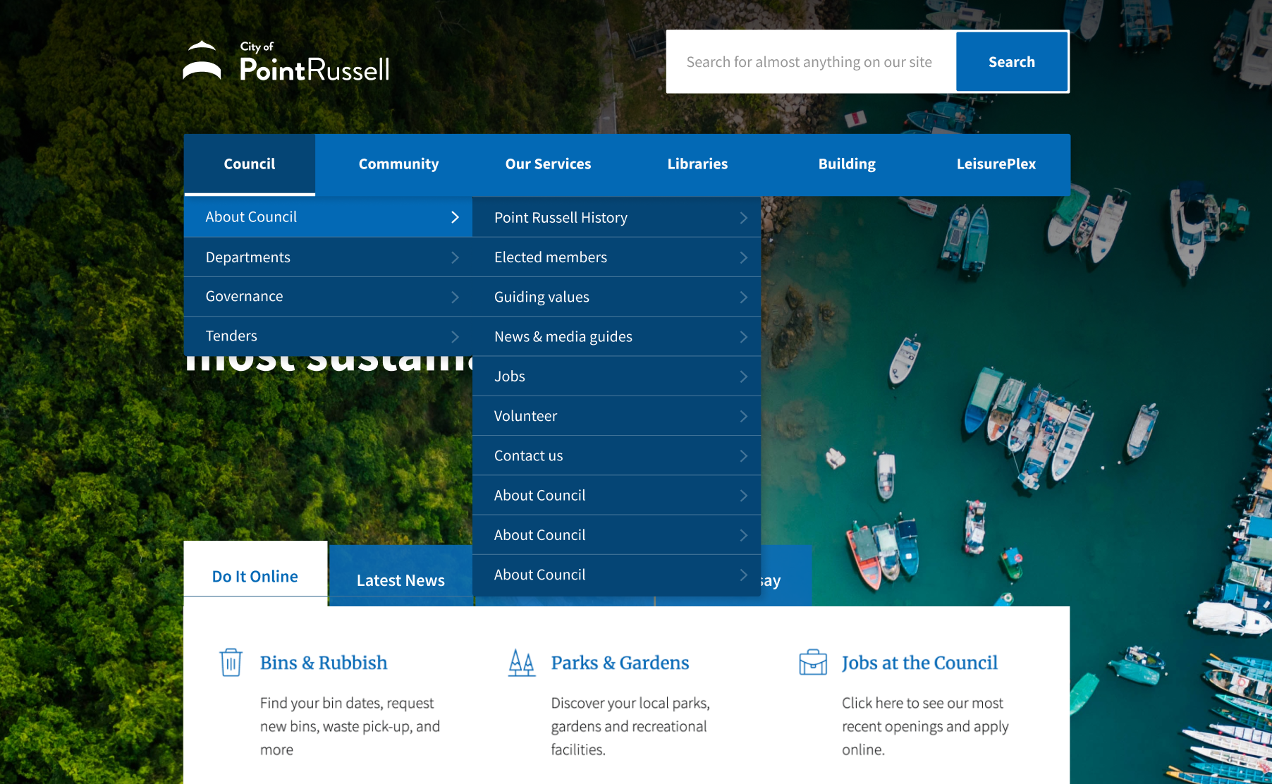 a dropdown menu on the homepage