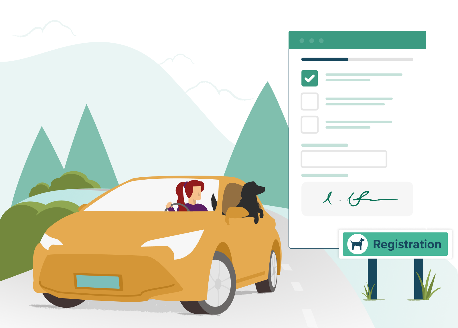 illustration of a woman in a car reading a sign